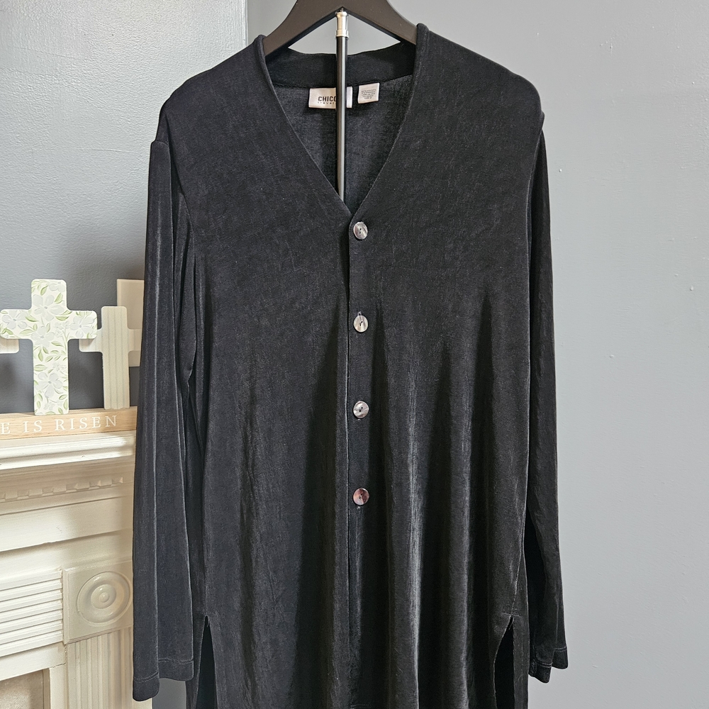 Chico’s Travelers Black Cardigan Size 2- (L)  Open Front Lightweight Stretch Top